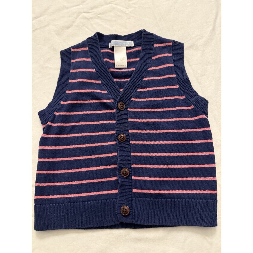 Janie and Jack Sweater Vest Size 6-12 Months Button Up Navy And Pink Stripped